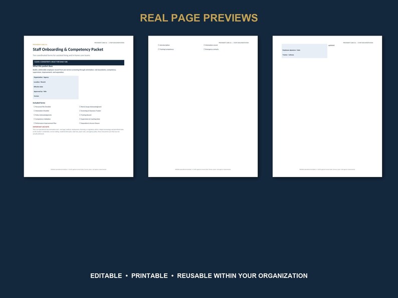 Op de afbeelding: Drie witte documentpagina's getiteld Staff Onboarding & Competency Packet met donkerblauwe koppen en tekstsecties. De pagina's bevatten checklists, invulbare velden en formulieren voor de training, ontwikkeling en beoordeling van personeel.