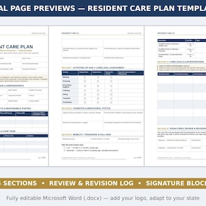 Puede incluir: Una plantilla de plan de cuidados para residentes de tres p&aacute;ginas en formato Microsoft Word. Las p&aacute;ginas incluyen secciones estructuradas para informaci&oacute;n del residente, contactos de emergencia, proveedores m&eacute;dicos y objetivos de cuidados.