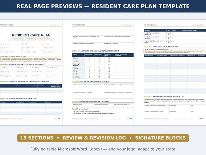 Puede incluir: Una plantilla de plan de cuidados para residentes de tres p&aacute;ginas en formato Microsoft Word. Las p&aacute;ginas incluyen secciones estructuradas para informaci&oacute;n del residente, contactos de emergencia, proveedores m&eacute;dicos y objetivos de cuidados.