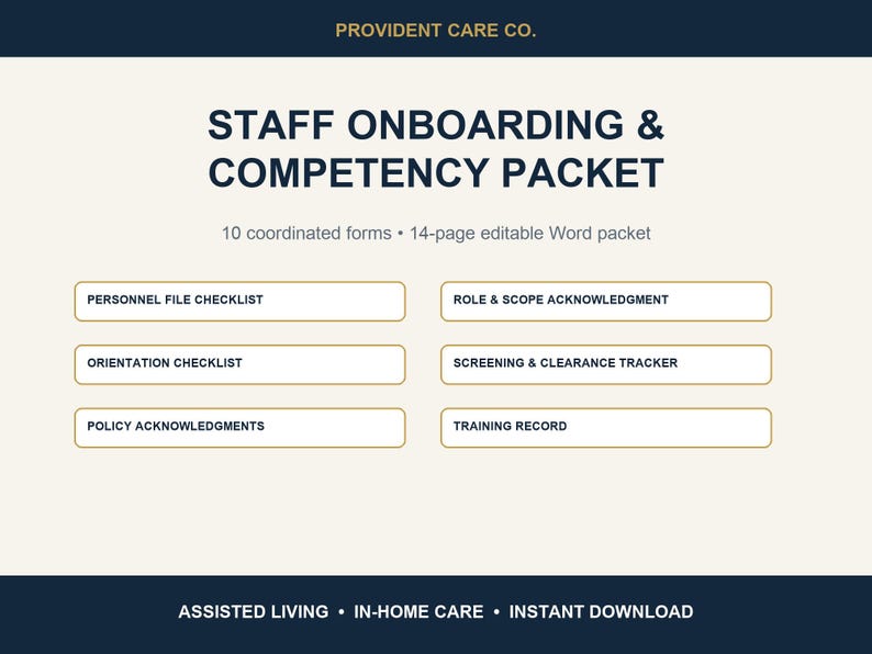 Op de afbeelding: Een digitaal document getiteld STAFF ONBOARDING & COMPETENCY PACKET van PROVIDENT CARE CO. Het bevat 10 geco&ouml;rdineerde formulieren en een 14-pagina's tellend bewerkbaar Word-pakket met checklists voor personeel, ori&euml;ntatie, beleid en training.