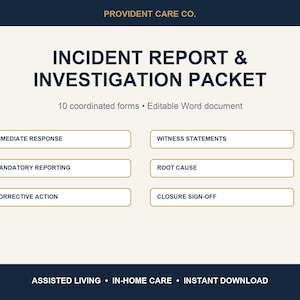 Pu&ograve; includere: Un documento digitale intitolato INCIDENT REPORT & INVESTIGATION PACKET di PROVIDENT CARE CO. Include 10 moduli coordinati in un documento Word modificabile, con sezioni per risposta immediata, dichiarazioni dei testimoni e causa principale.
