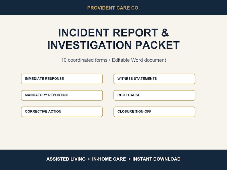Pu&ograve; includere: Un documento digitale intitolato INCIDENT REPORT & INVESTIGATION PACKET di PROVIDENT CARE CO. Include 10 moduli coordinati in un documento Word modificabile, con sezioni per risposta immediata, dichiarazioni dei testimoni e causa principale.