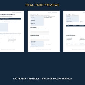 Pu&ograve; includere: Tre pagine bianche di un pacchetto di rapporto d'incidente e indagine con intestazioni e campi di testo blu scuro. I documenti includono sezioni per rapporti iniziali di incidente, analisi dell'indagine, matrice dei risultati e revisioni dei fattori contribuenti.