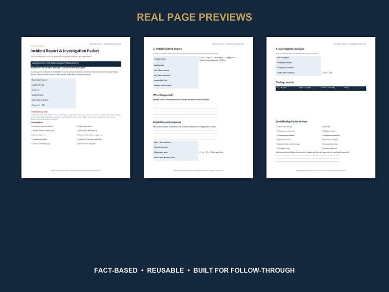 Pu&ograve; includere: Tre pagine bianche di un pacchetto di rapporto d'incidente e indagine con intestazioni e campi di testo blu scuro. I documenti includono sezioni per rapporti iniziali di incidente, analisi dell'indagine, matrice dei risultati e revisioni dei fattori contribuenti.