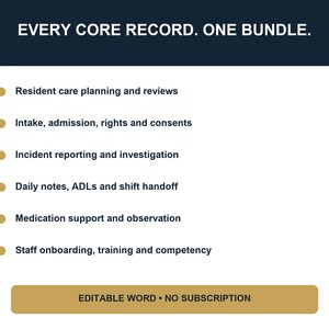 Op de afbeelding: Een witte informatieve afbeelding met een donkerblauwe koptekst met de tekst EVERY CORE RECORD. ONE BUNDLE. Het bevat zes opsommingstekens: zorgplanning, opname, incidentrapportage, dagelijkse notities, medicatieondersteuning en personeelstraining.