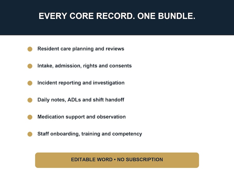 Op de afbeelding: Een witte informatieve afbeelding met een donkerblauwe koptekst met de tekst EVERY CORE RECORD. ONE BUNDLE. Het bevat zes opsommingstekens: zorgplanning, opname, incidentrapportage, dagelijkse notities, medicatieondersteuning en personeelstraining.