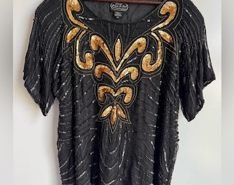 Vintage Joseph Le Bon Schwarzes Pailletten Seiden Top XL Fleur Design Perlen Abendgarderobe