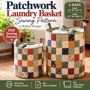 Puede incluir: Un patrón de costura en PDF para una cesta de ropa de patchwork de Walker Design. La imagen muestra dos cestas cilíndricas de tela con patrones cuadrados acolchados en rojo, verde, azul y amarillo. El tamaño pequeño es 24,1 cm A x 31,8 cm A; el grande 32,3 cm A x 47 cm A.