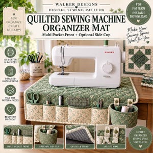 Quilted Sewing Machine Organizer Mat Digital Pattern with Pockets and Thread Catcher