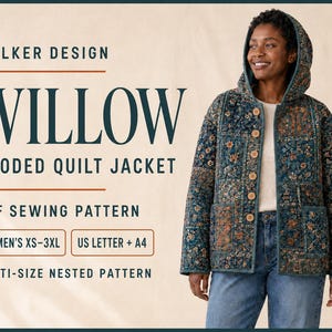 Mönster för Willow-täckjacka med huva, PDF, damstorlek XS–3XL, US Letter och A4