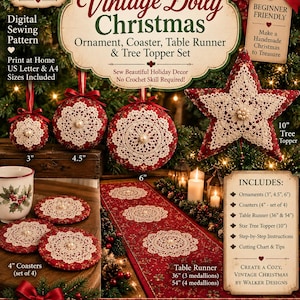May include: A digital sewing pattern for a Vintage Doily Christmas set by Walker Designs. Includes instructions for 7.6 cm, 11.4 cm, and 15.2 cm ornaments, 10.2 cm coasters, a 91.4 cm or 137.2 cm table runner, and a 25.4 cm star tree topper.