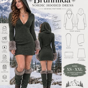Könnte beinhalten: Ein Schnittmuster für ein nordisches Kapuzenkleid namens Brunhilda mit tiefem V-Ausschnitt, langen Ärmeln mit Kunstfellbündchen und passenden Stulpen. Das Muster enthält Diagramme für Vorder- und Rückseite, Kapuze, Ärmel und Stulpen.