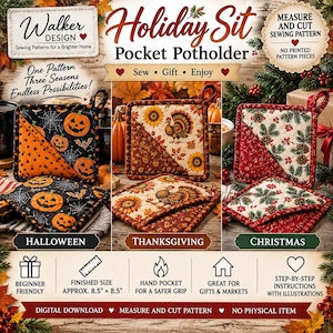 Könnte beinhalten: Ein digitales Schnittmuster für einen Taschen-Topflappen mit drei saisonalen Designs: Halloween mit Kürbissen, Thanksgiving mit Truthähnen und Sonnenblumen sowie Weihnachten mit Tannenzapfen und Beeren. Fertige Größe ca. 21,6 cm mal 21,6 cm.