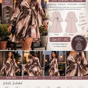 Può includere: Un cartamodello PDF per un abito kimono a portafoglio Bayou di Walker Design. Il modello presenta un davanti incrociato con scollo a V, spalle scese e maniche a campana. Include viste frontali, posteriori, laterali e taglie dalla XS alla 3XL.