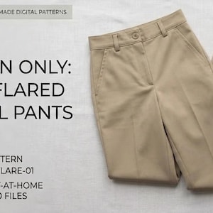 Peut inclure: Un patron de couture numérique PDF pour pantalon évasé d'écolier par Walker Designs. L'image affiche le texte : PATTERN ONLY: GIRLS' FLARED SCHOOL PANTS, DIGITAL PDF PATTERN, SKU: UNIFORM-FLARE-01, INCLUDES PRINT-AT-HOME (A4/LETTER) & A0 FILES.