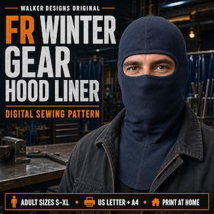 Könnte beinhalten: Eine marineblaue Sturmhaube mit dem Text WALKER DESIGNS ORIGINAL FR WINTER GEAR HOOD LINER DIGITAL SEWING PATTERN. Der untere Text gibt ADULT SIZES S-XL, US LETTER + A4 und PRINT AT HOME für dieses digitale Schnittmuster an.