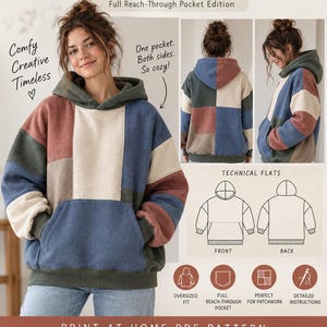 Könnte beinhalten: Ein Schnittmuster für einen übergroßen Patchwork-Kapuzenpullover mit Text wie Walker Designs, Oversized Patchwork Hoodie und Print-at-Home PDF Pattern. Das Bild zeigt einen mehrfarbigen Kapuzenpullover mit durchgehender Tasche, technische Zeichnungen und Symbole für Passform, Taschentyp und Anleitungen. Größen XS-3XL sind enthalten.