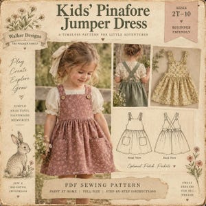 May include: A PDF sewing pattern for a kids' pinafore jumper dress, sizes 2T-10. The cover features a child wearing a dusty rose floral pinafore over a cream puff-sleeve top, a green pinafore, a yellow floral pinafore, and line drawings.