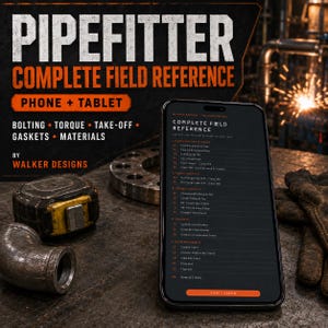 Puede incluir: Un teléfono inteligente que muestra la aplicación Pipefitter Complete Field Reference, con una interfaz oscura y texto naranja. La pantalla enumera categorías técnicas como pernos, torque, juntas y materiales de Walker Designs.