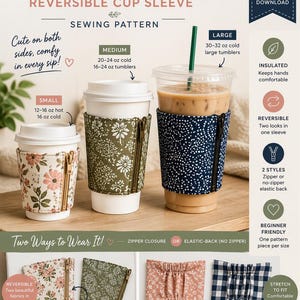 May include: A PDF sewing pattern for a reversible cup sleeve by Walker Designs. The pattern includes three sizes for 12-32 oz cups and tumblers. Features include a zipper closure or elastic-back option, with visual examples of floral and plaid fabrics.