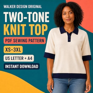 以下が含まれることがあります： Walker Design OriginalによるツートーンニットトップのPDF型紙。クリーム色のトップスで、ダークブルーの襟、ボタン付き前立て、袖口、裾が特徴です。型紙はXS-3XLサイズ、USレターおよびA4フォーマットに対応し、即時ダウンロード可能です。