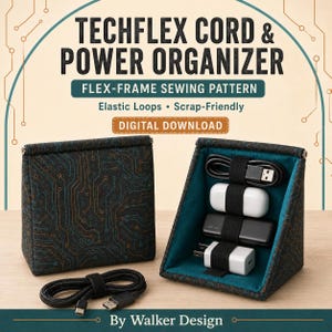 May include: A Techflex Cord & Power Organizer flex-frame sewing pattern digital download. The organizer is a dark fabric pouch with a circuit board print, featuring elastic loops inside to hold cables, chargers, and earbuds. One pouch is closed, and one is open.