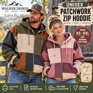 Könnte beinhalten: Ein Kapuzenpullover mit Reißverschluss und Patchwork-Design. Der linke Pullover zeigt olivgrüne, beige und dunkelbraune Felder. Der rechte Pullover ist in Rosa-, Mauve- und Burgundertönen gehalten. Beide haben Kapuzen mit Kordelzügen.