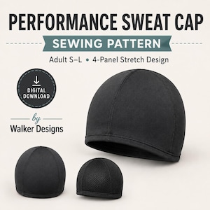 Op de afbeelding: Een digitaal naaipatroon voor een performance zweetkap van Walker Designs. Het patroon is voor volwassenen in maat S-L en heeft een rekbaar 4-panelen ontwerp. De afbeelding toont een zwarte muts met zichtbare naden en een versie met mesh-textuur.