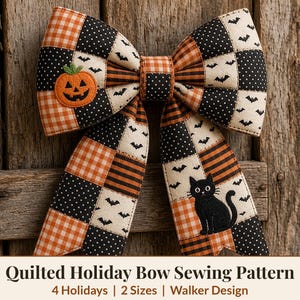 Quilted Patchwork Holiday Bow Sewing Pattern PDF, Door and Wreath Bow