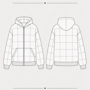 May include: A digital PDF sewing pattern for a boxy patchwork zip hoodie by Walker Design. The technical illustration shows the front and back views of a hooded sweatshirt with a grid-like patchwork construction, a central zipper, and ribbed cuffs.