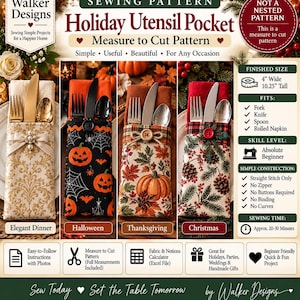 Puede incluir: Un patrón de costura para un bolsillo de cubiertos festivo de Walker Designs. La imagen muestra cuatro bolsillos de tela con tenedor, cuchillo y cuchara, con diseños para cena elegante, Halloween, Acción de Gracias y Navidad. Tamaño final: 10,16 cm de ancho por 26,04 cm de alto.