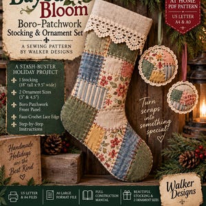 Può includere: Una calza natalizia in patchwork Boro e due ornamenti rotondi con bordi in finto uncinetto. La calza misura 45,7 cm di altezza per 24,1 cm di larghezza, mentre gli ornamenti misurano 7,6 cm e 11,4 cm. Il set include un cartamodello.