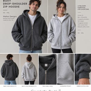 May include: A boxy drop-shoulder zip hoodie in charcoal and light grey. Features include a full zip, kangaroo pocket, two-panel hood, and ribbed cuffs and hem. The text reads: Boxy drop-shoulder zip hoodie, Walker Designs, A relaxed essential for everyone.