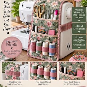 Könnte beinhalten: Ein hängender Nähmaschinen-Werkzeug-Organizer Bayou Stitch Caddy mit Blumenmuster in Grün- und Rosatönen. Der Organizer enthält Taschen für Scheren, Stifte und Nadeln sowie vier elastische Garnrollenhalter und einen Klettverschlussriemen.