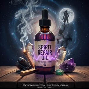 May include: An amber glass dropper bottle labelled Spirit Repair Oil Deep Cleansing & Purging with the FFF logo. It is surrounded by crystals, a wooden stick, and smoke. The text Featherwind Freedom - Pure Energy Healing. Reclaim Your Power. appears.