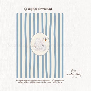 May include: A digital download e-reader skin featuring a cream background with vertical blue stripes and a central oval medallion containing a white swan illustration. Text includes "digital download" and "est 2016 sunday story archives".