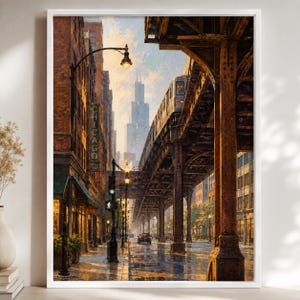May include: A framed wall art print depicting a Chicago city street scene with a train on an elevated track, brick buildings, a street lamp, and a vertical sign reading CHICAGO, all illuminated by warm golden sunlight during the late afternoon.