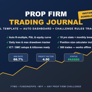 May include: A dark blue digital Prop Firm Trading Journal Excel template featuring an auto dashboard and challenge rules tracker. Text includes: Prop Firm Trading Journal, Instant Download, Auto R-multiple, P&L, equity curve, 18 pro stats, position size calculator, 300 trades, win rate 66.7%, profit factor 4.50, and status passed.
