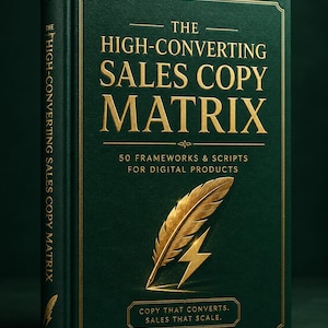 Op de afbeelding: Een donkergroen hardcover boek getiteld The High-Converting Sales Copy Matrix: 50 Frameworks & Scripts for Digital Products. De kaft bevat goudkleurige tekst in reliëf, een gouden veer, een bliksemschichtpictogram en de tekst Copy That Converts. Sales That Scale.