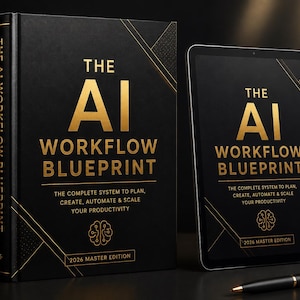 May include: A black hardcover book and a tablet displaying the title The AI Workflow Blueprint, The Complete System to Plan, Create, Automate & Scale Your Productivity, 2026 Master Edition in gold text with geometric gold lines on a black background.