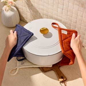 Set of 2 Quilted European Flax Linen Potholders, 8.5" Hot Pads (Cream, Cobalt, Terra)