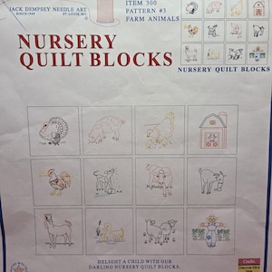 May include: A package of Jack Dempsey Needle Art Nursery Quilt Blocks, Item 300, Pattern #3 Farm Animals. The white packaging features twelve 9 inch by 9 inch cotton/poly broadcloth squares with printed outlines of farm animals and a barn.