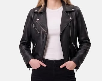 Women's Black Sheep Leather Biker Jacket: Cropped Moto Style, Soft Viscose Lining
