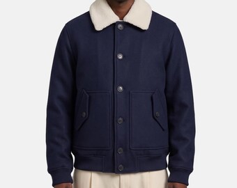 Men's Wool Blend Bomber Jacket – Faux Shearling Collar Aviator Coat