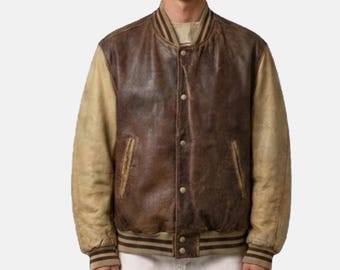 Vintage Cream-Brown Varsity Bomber Jacket - Genuine Sheep Leather Jacket