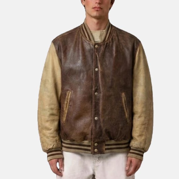 Vintage Cream-Brown Varsity Bomber Jacket - Genuine Sheep Leather Jacket