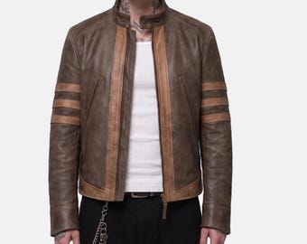 Wolverine Inspired Sheep Leather Moto Jacket, Brown X-Men Cosplay Outerwear