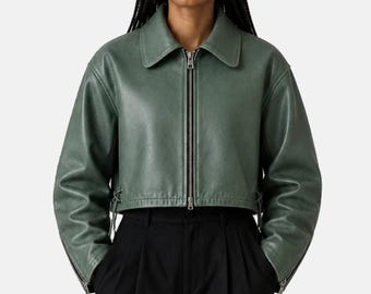Sage Green Sheep Leather Cropped Jacket | Y2K Boxy Streetwear Coat