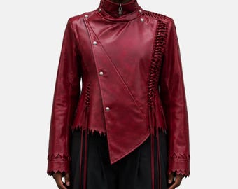 Crimson Leather Biker Jacket – Asymmetrical Braided Detail Moto Coat