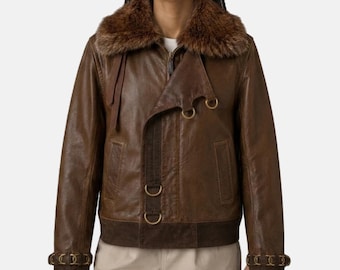Vintage Brown Leather Jacket – Distressed Genuine Moto Coat with Fur Collar